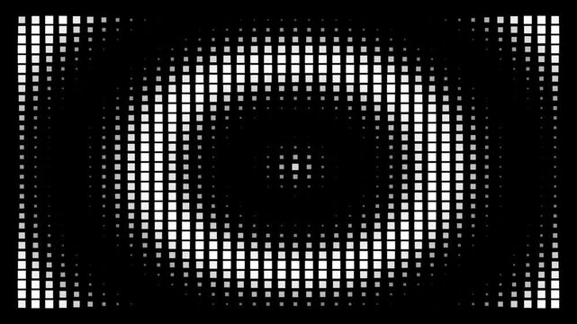 Abstract circular pattern made of small white squares on a black background creating a digital ripple effect for modern technology designs and futuristic graphic backgrounds