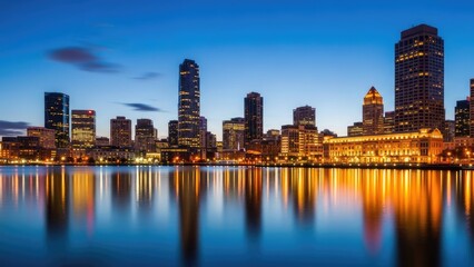 Naklejka premium Illuminated city skyline reflecting in calm river at night.