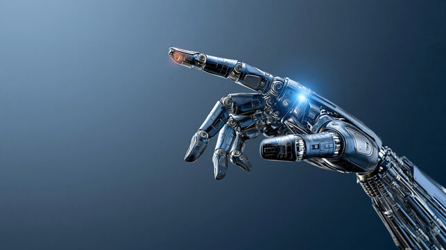 Detailed robotic hand with glowing blue sensors pointing finger for artificial intelligence concept.