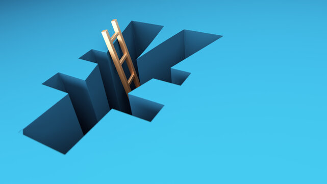Golden Ladder Leading Out Of Blue Geometric Hole Symbolizing Solution Opportunity And Business Growth