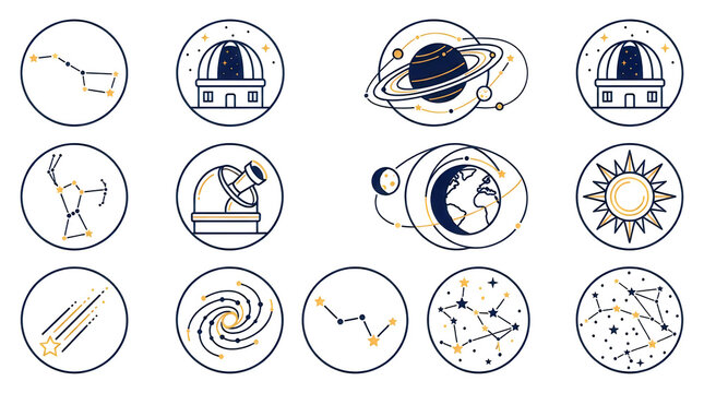 Astronomy line icon set, celestial space symbols with observatory and planets, minimalist constellation and galaxy graphics for science education