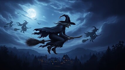 Fototapeta premium Witches flying on broomsticks across a full moon night.