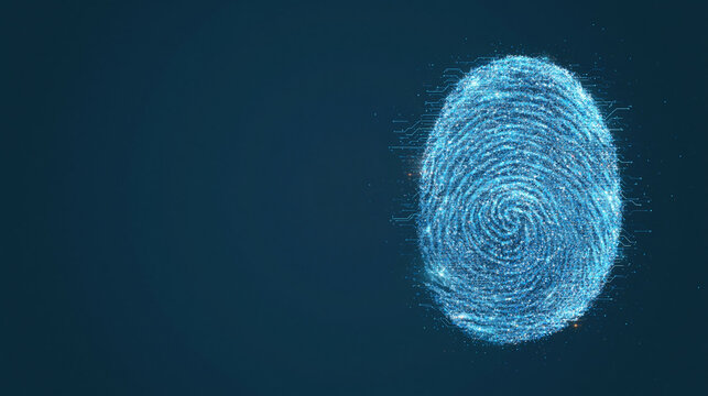 Digital glowing blue fingerprint with circuit board elements on a dark blue background.