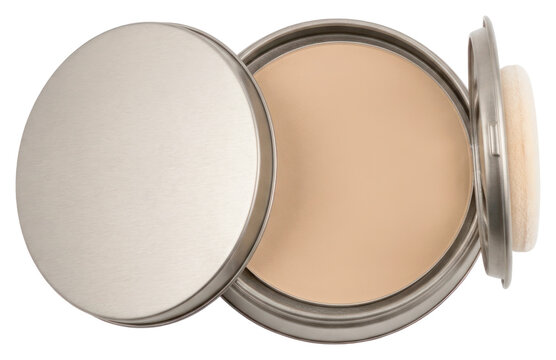Round Metal Compact with Pressed Face Powder. Open Cosmetic Container Featuring a Soft Applicator Puff