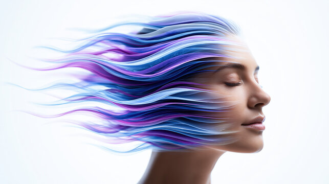 Abstract woman profile with flowing watercolor hair and serene face