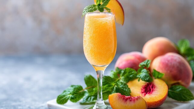 Refreshing peach drink with fresh fruit and mint garnish