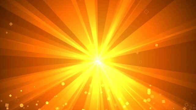 Bright yellow and orange sunburst background with glowing light rays and floating particles for a dynamic festive celebration design