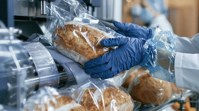 Food factory worker placing baked bread into plastic bag