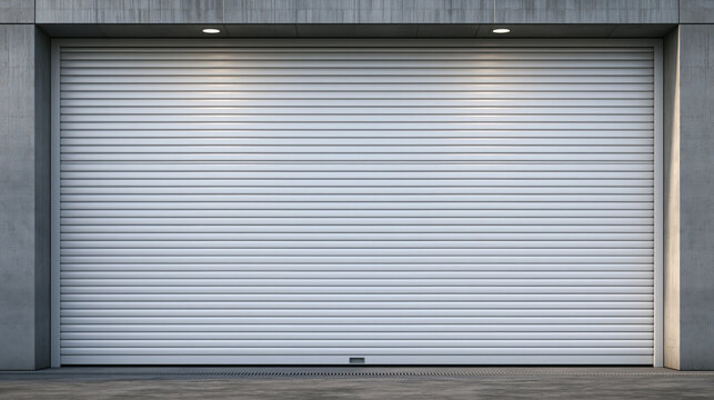 Closed industrial metal rolling garage door on a concrete building wall. Use for commercial storage, warehouse.