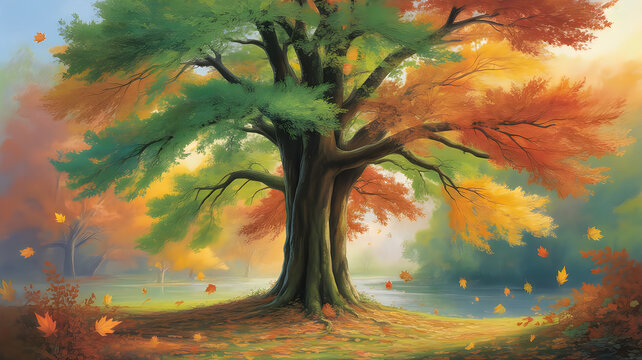 Pixel art frog sitting under tree in colorful landscape