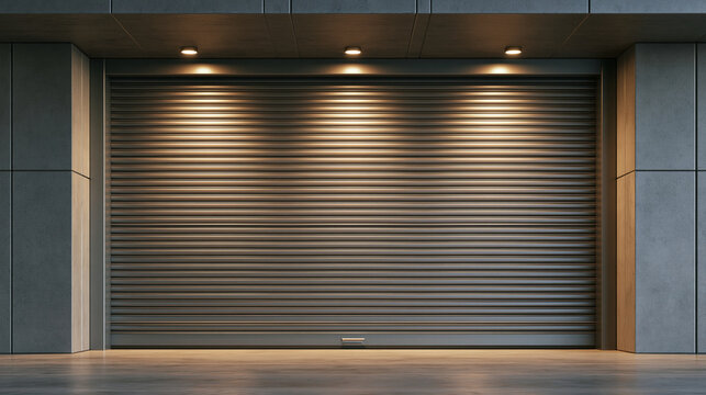 Closed industrial metal rolling shutter door with warm accent lighting. Use for commercial storage, security, or.