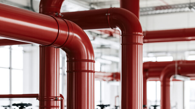 Industrial pipeline red pipe metal pipe clean facility energy plant processing plant indoor factory steel pipe pipe elbow glossy surface