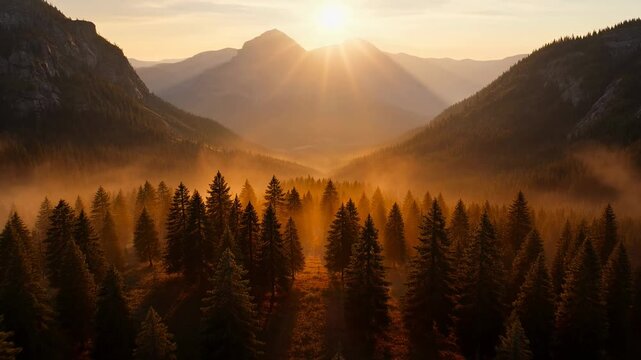 Drone flying over misty mountain valley at sunrise through golden light