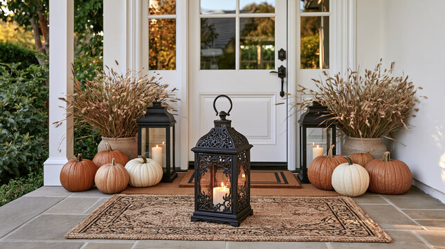Rustic front porch with layered doormats and assorted pumpkins