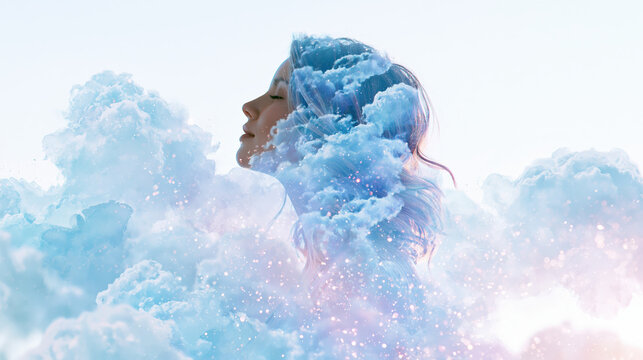 Serene silhouette fading into watercolor clouds, dreamlike portrait in soft blue and pink light