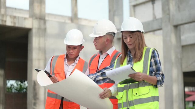 Architects and construction engineers review structural and architectural plans at a building site. Concept of construction planning, structural design, teamwork, and project development.