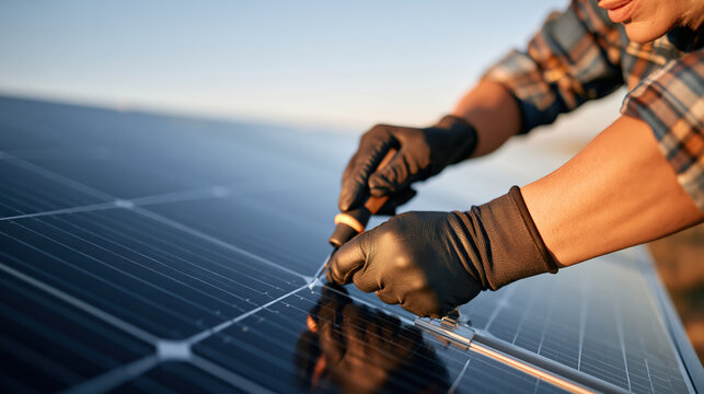 Solar panel maintenance gloved hands renewable energy outdoor inspection engineer clean energy panel surface routine check electricity solar power