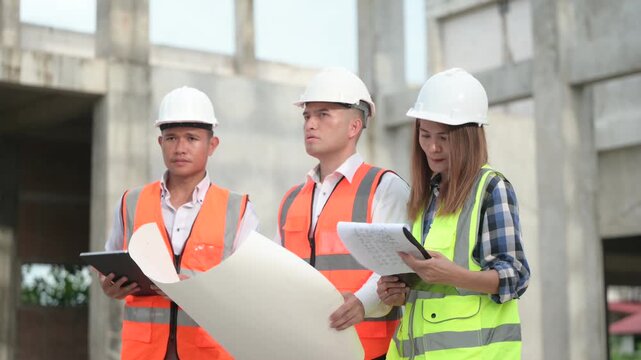 Architects and construction engineers review structural and architectural plans at a building site. Concept of construction planning, structural design, teamwork, and project development.