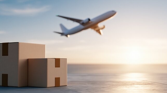 Bird's-Eye View: Boxes and Airplane in Dawn Sky