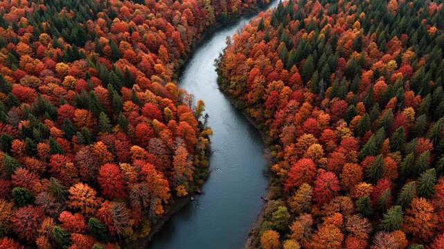 River winds through autumn forest aerial view