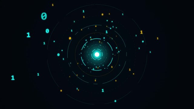 Digital binary code visualization with data stream particles and glowing circular HUD elements in a tech background.