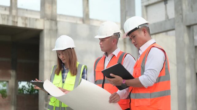 Architects and construction engineers review structural and architectural plans at a building site. Concept of construction planning, structural design, teamwork, and project development.