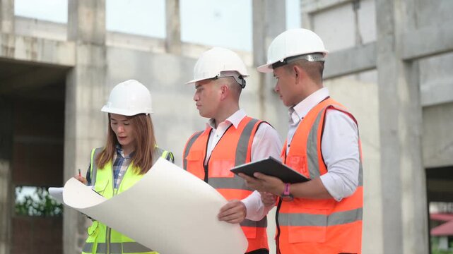 Architects and construction engineers review structural and architectural plans at a building site. Concept of construction planning, structural design, teamwork, and project development.