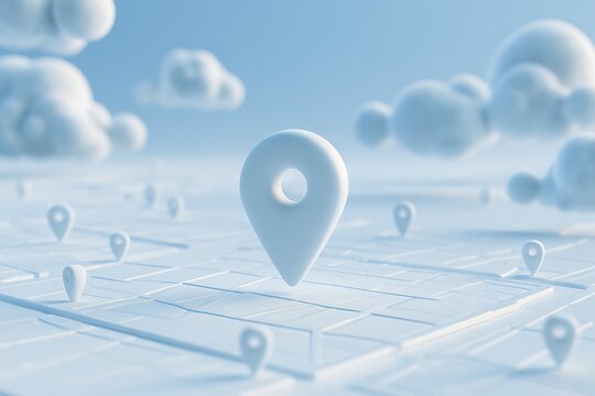 3d render of a map with multiple location pins on a grid surface with clouds in the sky, representing navigation, travel, and location services