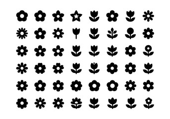 Fototapeta premium Flower icon vector set. Cute floral symbols and simple plant shapes in modern black silhouette style for botanical branding, wedding stationery, stickers, patterns, packaging and cards