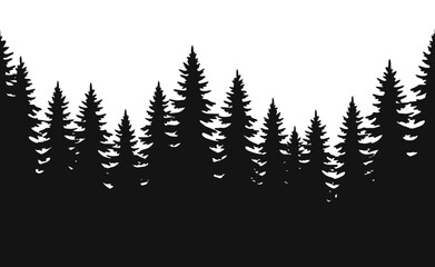 Obraz premium Fir tree forest silhouette vector. Dense evergreen woodland landscape with layered conifers for nature backgrounds, outdoor scenes and decorative design