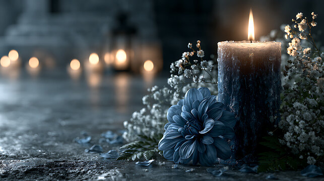 Burning candle with dahlia and floral arrangement somber photorealistic scene