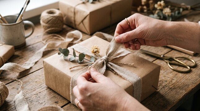 Hands tying a rustic ribbon bow on a gift box wrapped in brown paper with eucalyptus and dried flowers