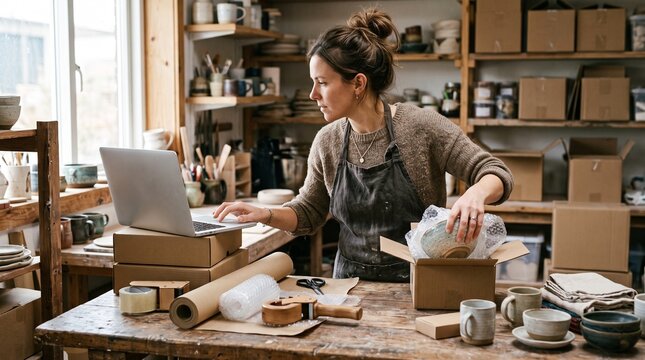 Woman entrepreneur packing handmade ceramic bowls for shipping in her studio workshop