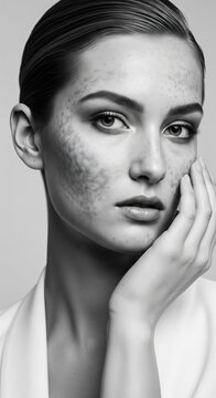 Black and white portrait of woman with natural pigmentation marks on face, elegant monochrome beauty and real skin texture concept