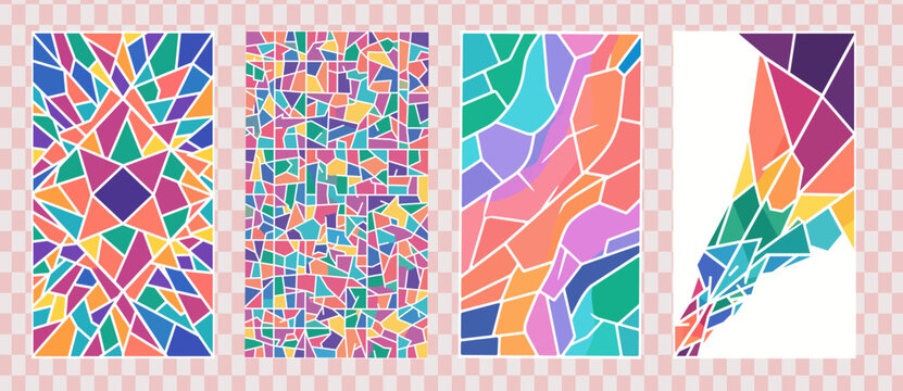 Colorful geometric abstract patterns with vibrant gradient transitions isolated on transparent background, Vector Stained glass mosaic background design new 2026