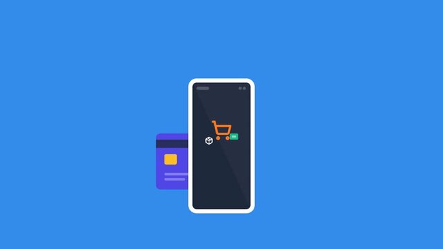 Smartphone Contactless Payment Animation featuring Credit Card Processing and Digital Receipt Print on Blue Background