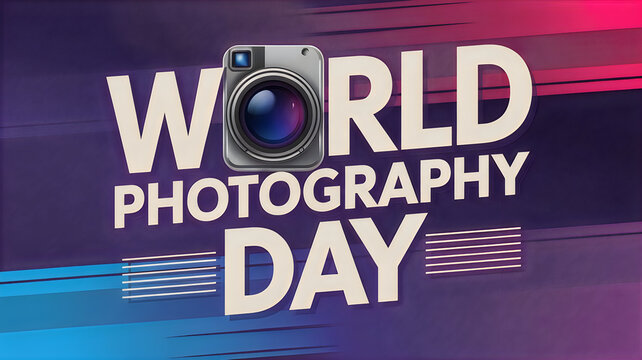 World photography day poster with vintage camera and colorful background