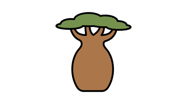 Cute cartoon baobab tree with green leaves