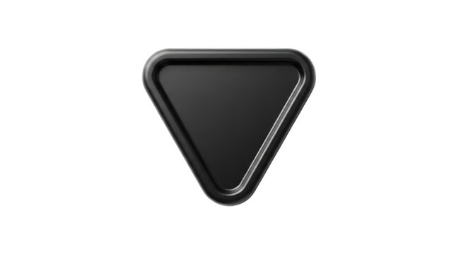 A minimalist black triangle icon with a glossy beveled edge isolated on a white background representing a simple geometric shape for modern web design