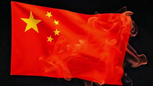 Chinese Flag Waving on Dark Background