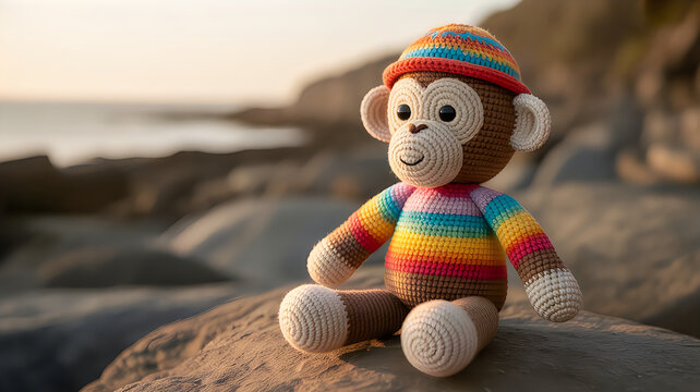 Colorful knitted monkey toy sitting on wooden surface