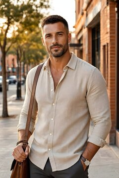 modello in strada con camicia elegante e capelli corti