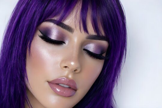 donna con make-up colorato fluo alla moda vivace e capelli viola