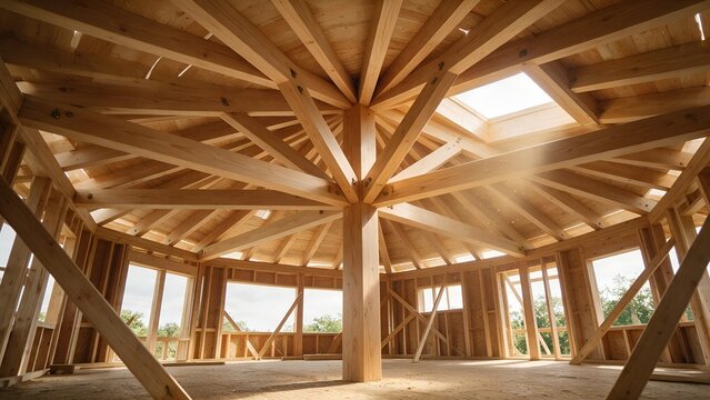Wooden structural framing creates a circular interior ceiling design with natural light pouring into the unfinished house during building construction phase
