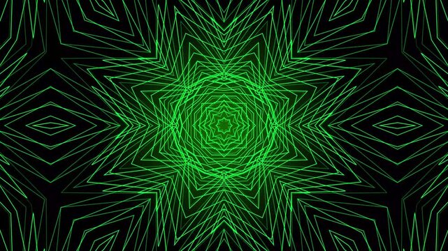 Green laser lines kaleidoscope background motion. Futuristic glowing mandala geometric loop. Cyber vector wireframe tunnel texture animation.