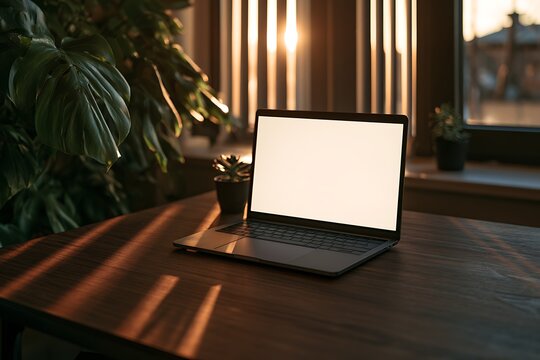 Modern laptop with a blank white screen on a wooden table in a sunlit room with a large monstera plant and window blinds