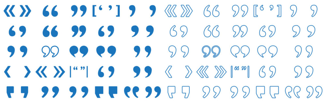 Set of quote mark, quotes icon, sign, symbol, emblem. Ditto marks icon set. Quotation marks. Dialogue discussion symbol for UI UX, website, mobile app.