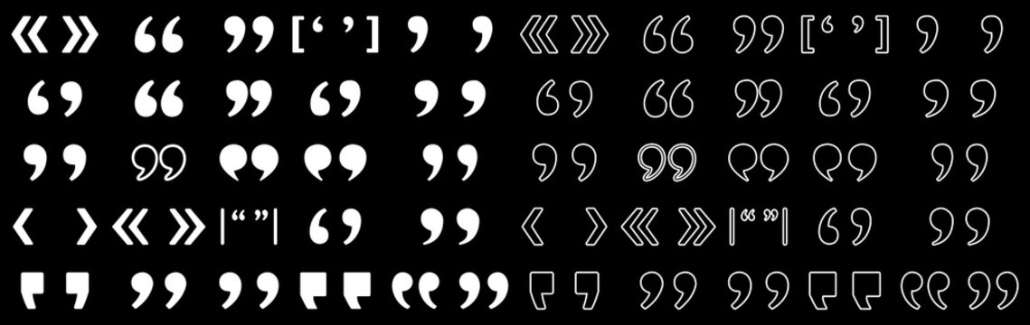 Set of quote mark, quotes icon, sign, symbol, emblem. Ditto marks icon set. Quotation marks. Dialogue discussion symbol for UI UX, website, mobile app.