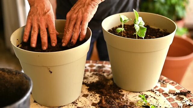 Gardener Preparing Potting Soil in a New Container for Transplanting Young Loquat Seedlings and Supporting Plant Growth
