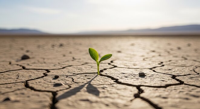 Green plant sprout growing in dry cracked soil ground.
